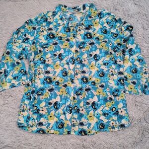 Breckenridge Shirt Womens XL Blue Linen Blend Button Up Casual Floral Comfort